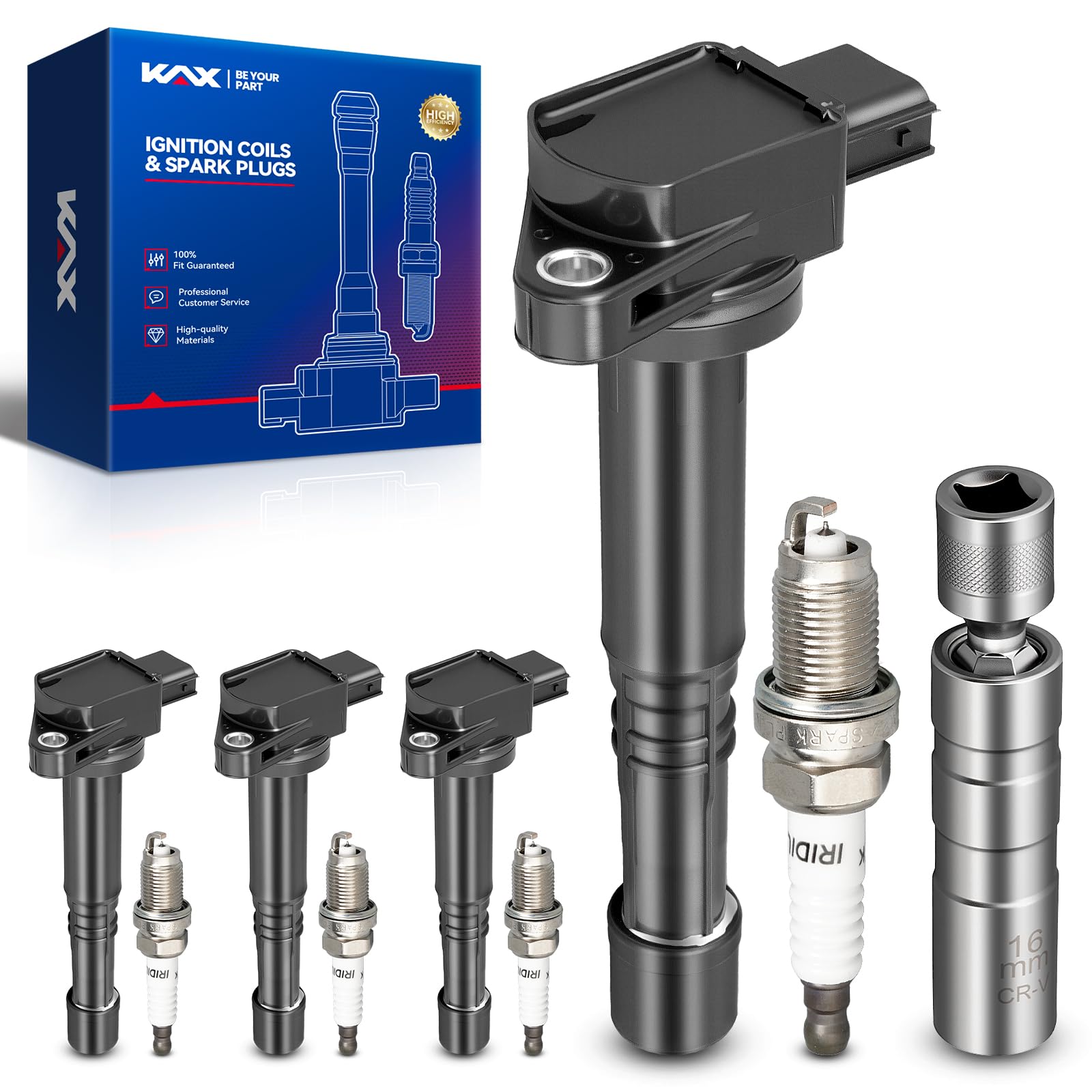 KAX Set of 4 Ignition Coil Pack & Iridium Spark Plugs w/Magnetic Socket for Honda CR-V 2002-2009, Accord 2003-2007 2.4L, Element
